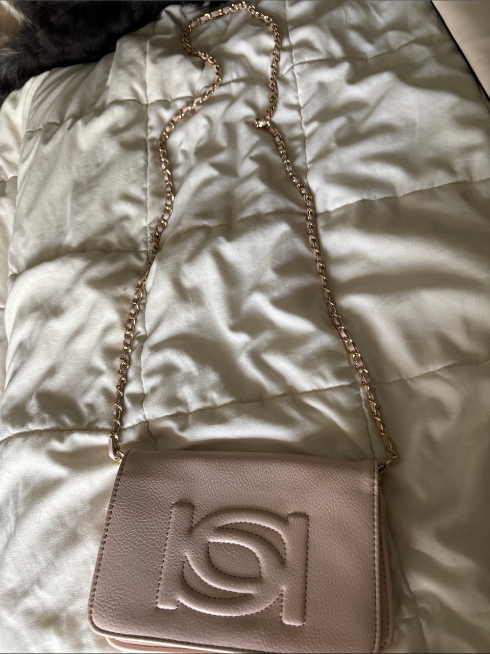 bebe Blush Pink Leather Crossbody with Gold Chain